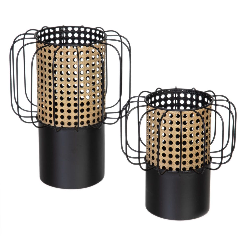CANDLE HOLDER - NATURAL ROTAN - BLACK METAL - Musgo Bazar