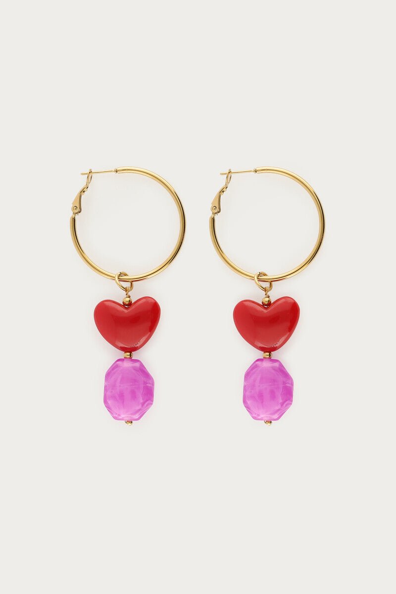 Hoop Earrings with Red Heart & Purple Beads – Ceramic & Stone - Musgo Bazar