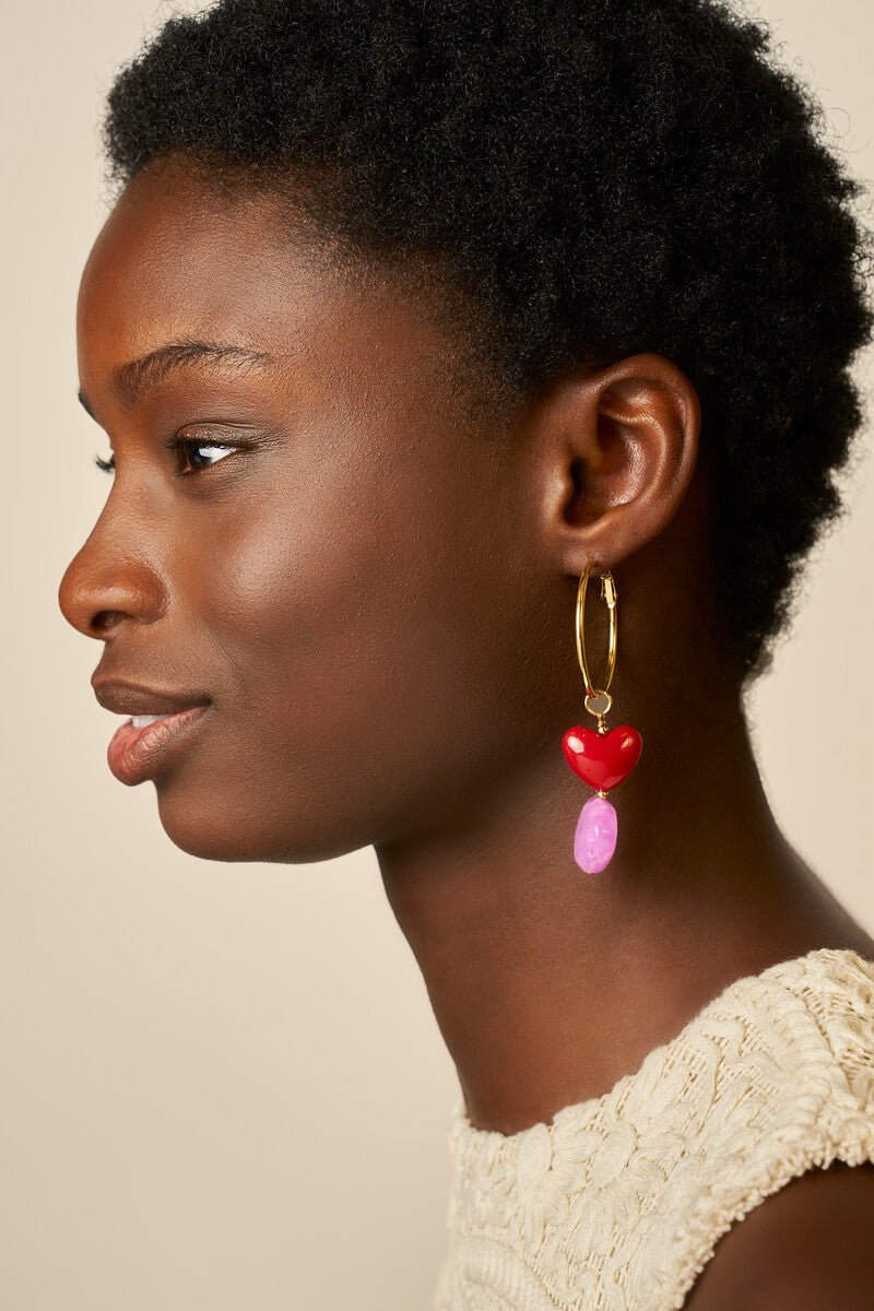 Hoop Earrings with Red Heart & Purple Beads – Ceramic & Stone - Musgo Bazar