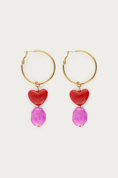 Hoop Earrings with Red Heart & Purple Beads – Ceramic & Stone - Musgo Bazar
