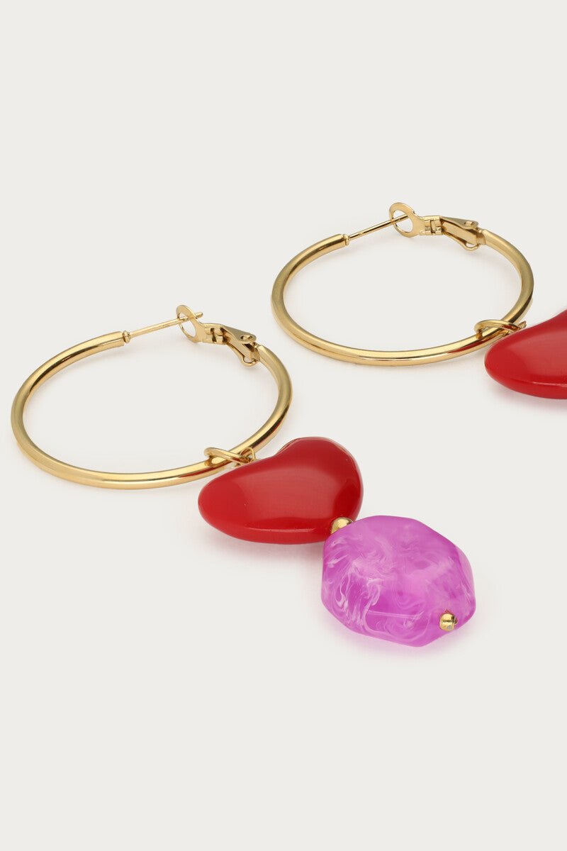 Hoop Earrings with Red Heart & Purple Beads – Ceramic & Stone - Musgo Bazar