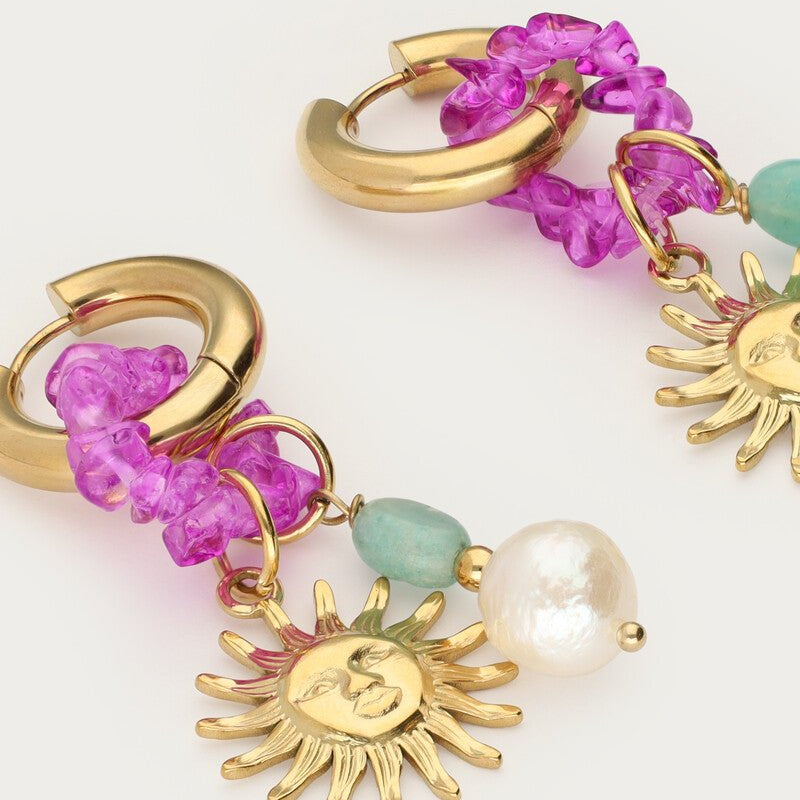 Mer Earrings with Sun & Beads – Stainless Steel & Freshwater Pearl - Musgo Bazar