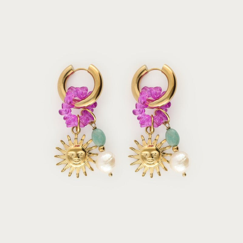 Mer Earrings with Sun & Beads – Stainless Steel & Freshwater Pearl - Musgo Bazar